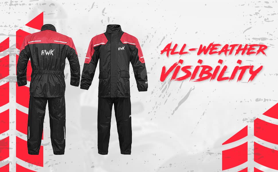Hwk Motorcycle Rain Suit For Men And Women, Two-Piece Waterproof Motorcycle Rain Gear With Reflective Rain Jacket And Rain Pants For Weatherproof All-Season Riding, Red, X-Large