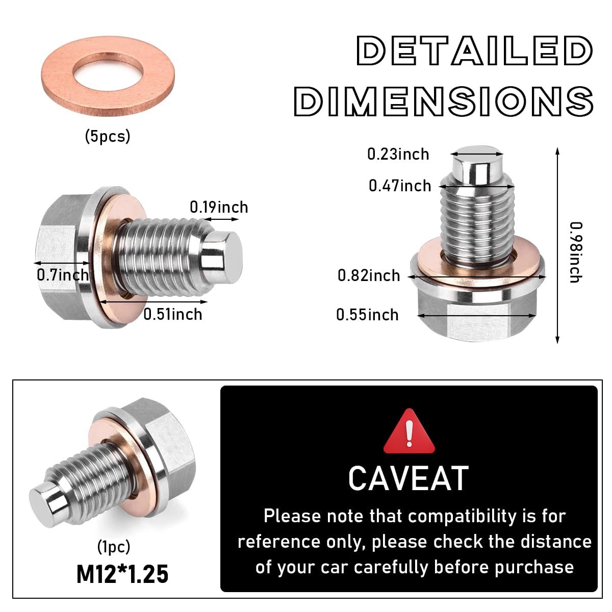 Dickno M12  1.25 Magnetic Oil Drain Plug, Aluminum Stainless Steel Sump Drain Nut Bolt with 5 Copper Crush Washer, Universal Lea