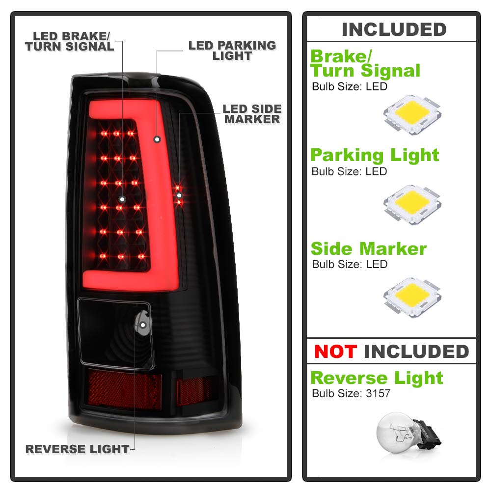 ACANII LED Tube Tail Lights Pair for 2003-2006 Chevy Silverado 1500 2500 3500 - Black Housing, Smoked Lens