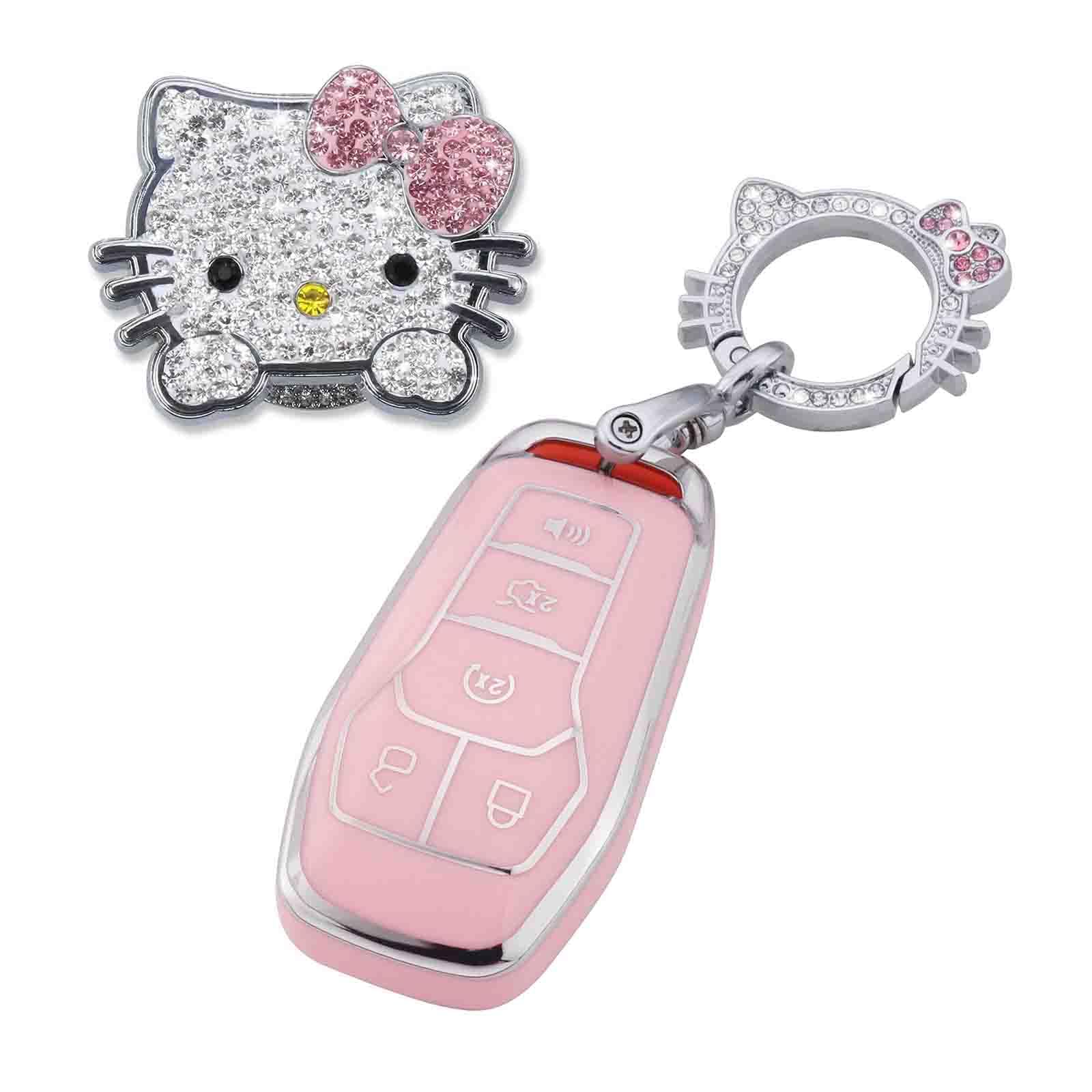 Pangpai Pink Car Accessories 3 Pcs For Ford F-150 Explorer Mustang Edge Lincoln Mkz Mkx Mkc Key Fob Cover With Bling Keychain Cu