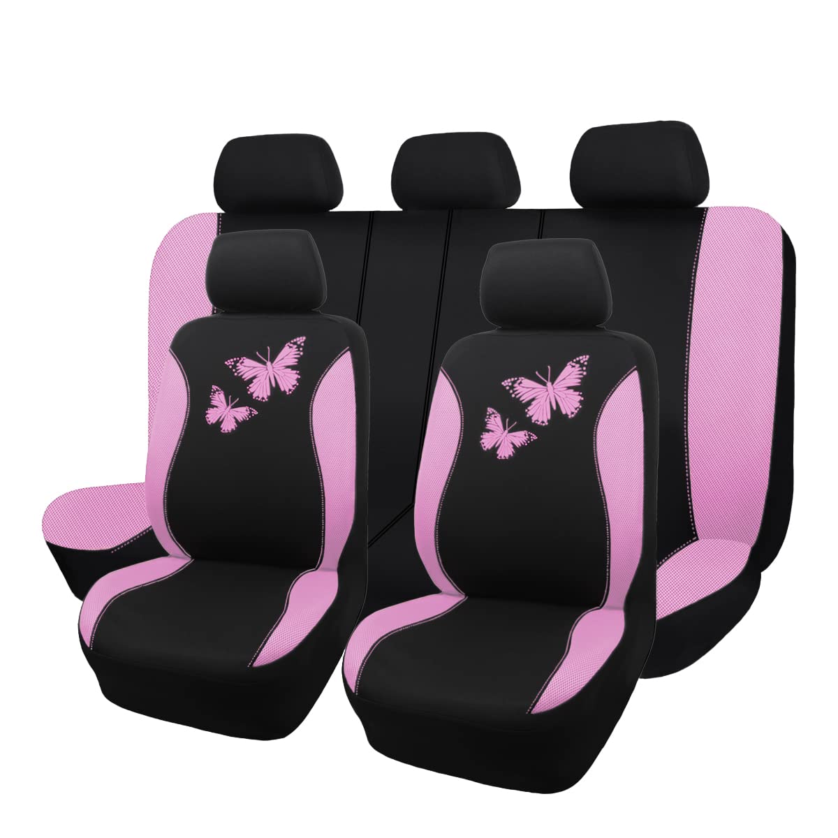 Flying Banner Butterfly Car Seat Covers Ful Set Fashion Universal Lady Woman Female Rear Bench Split Colorized (Pink Black, Full