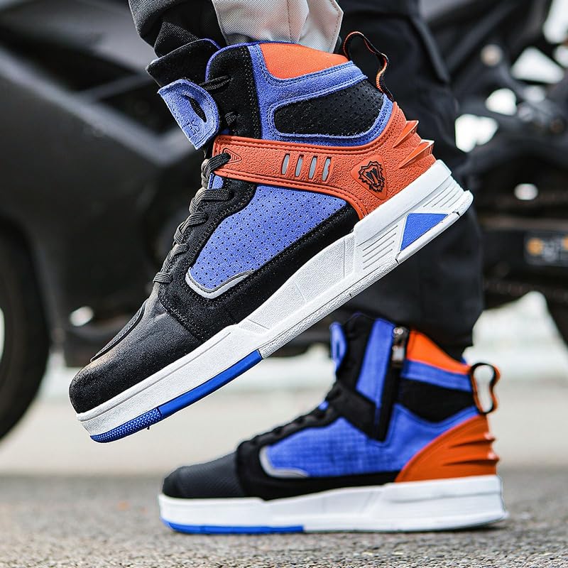 Bofucn Motorcycle Leather Boots,Street Riding Shoes,Anti-Slip Side Zipper Shoes For Men And Women (Black/Blue, Adult, 7.5 Men/8.