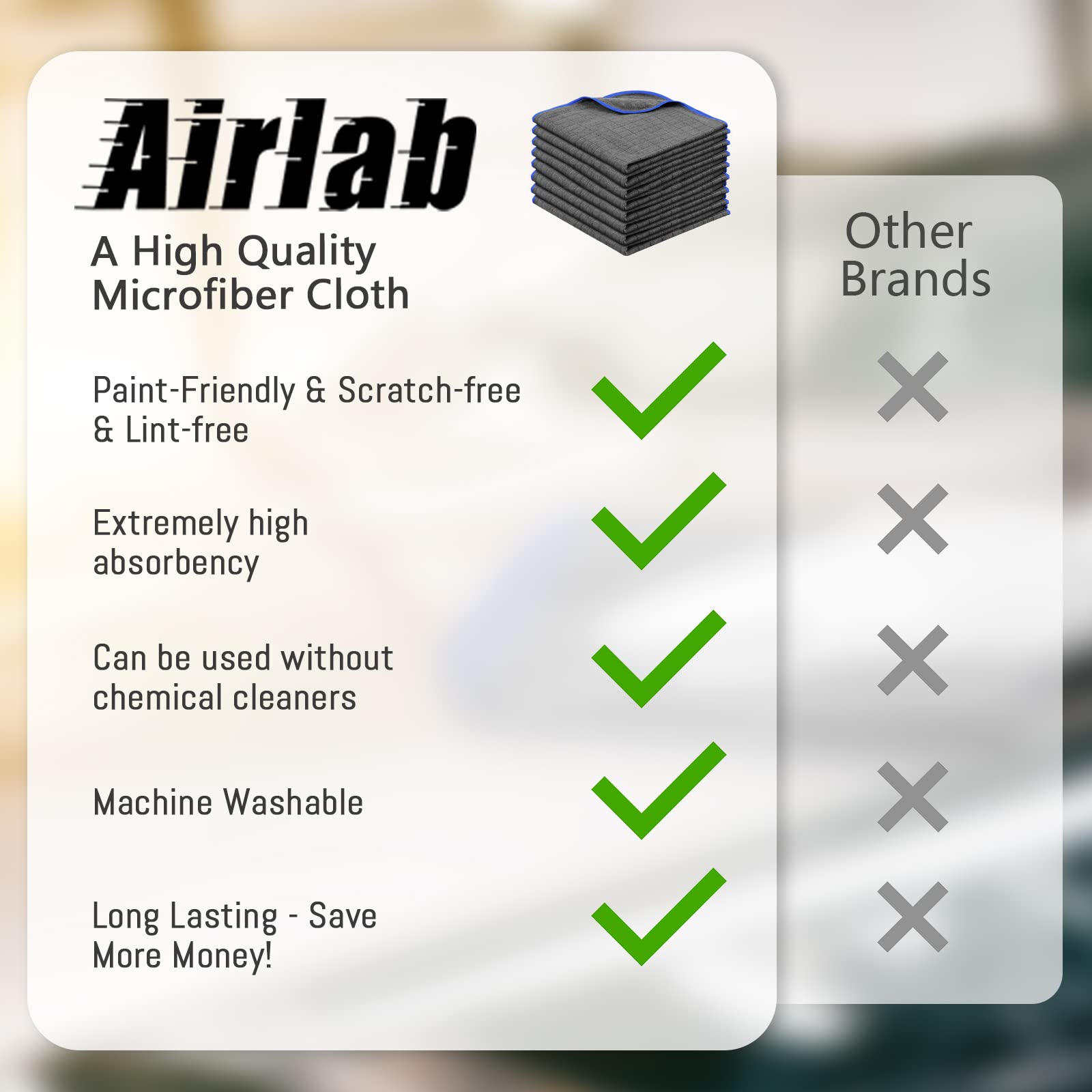 Airlab Microfiber Towels For Cars Wash & Drying Auto Detailing, Highly Absorbent, Lint-Free, Streak-Free, All-Purpose Cleaning Cloths For Household, 16 X 16, Pack Of 8, Grey