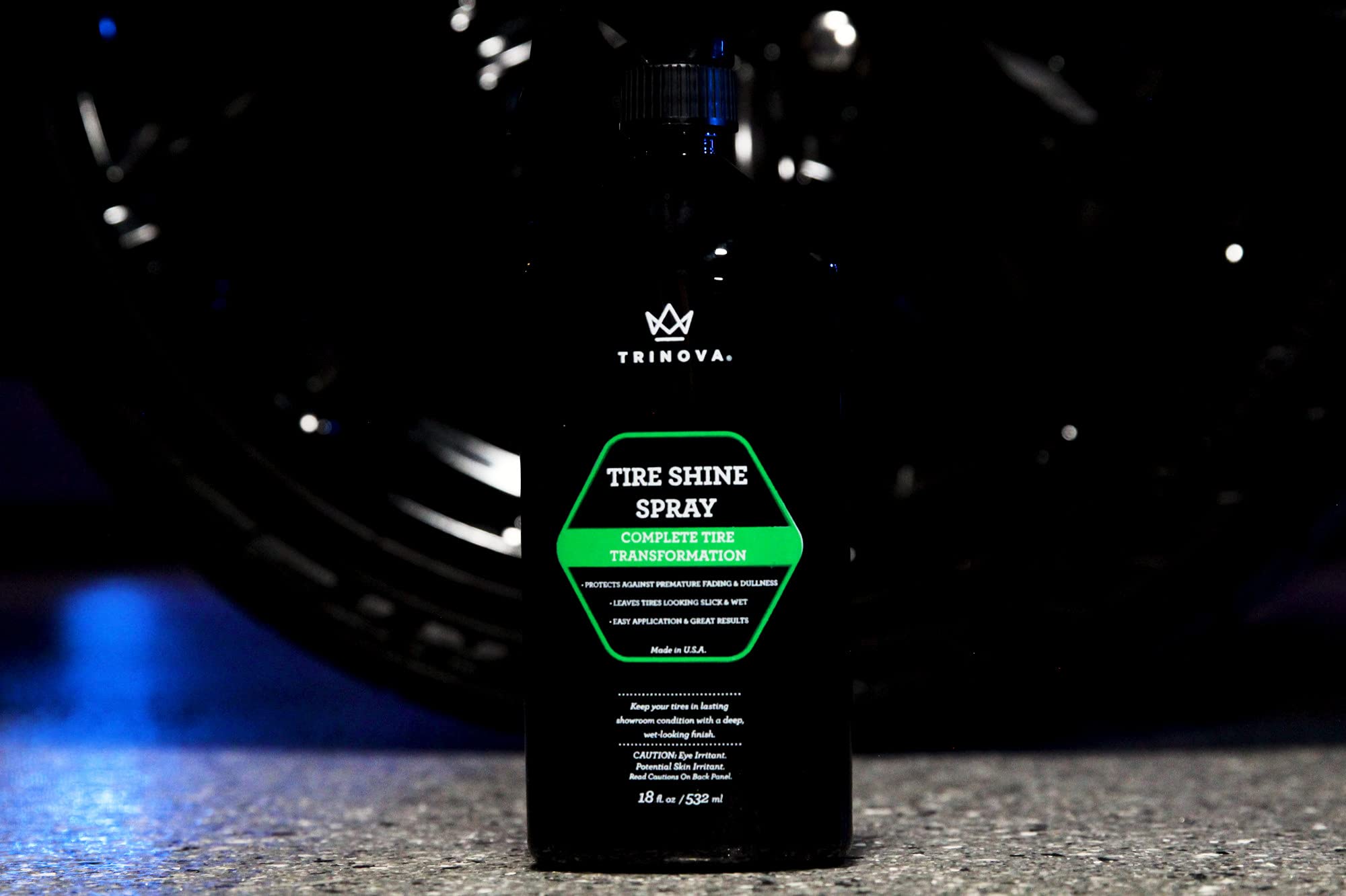 Trinova 33511 Tire Shine Spray No Wipe - Automotive Clear Coat Dressing For Wet & Slick Finish - Keeps Tires Black - With Rubber