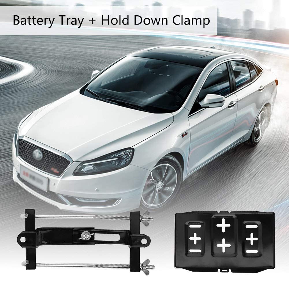 Battery Hold-Down Tray,Universal Metal Car Battery Tray Adjustable Hold Down Clamp Kit