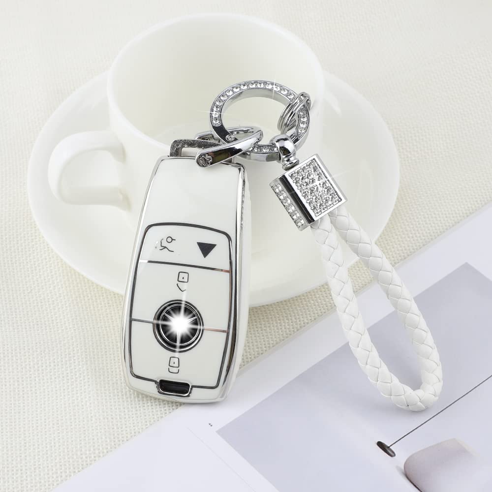 Pifoog White Key Fob Cover For Mercedes Benz Glc Gle Gla Glb Gls A C E G S Amg Class Accessories Soft Tpu Car Smart Keys Case Bling Keychain Full Protection Girly Women