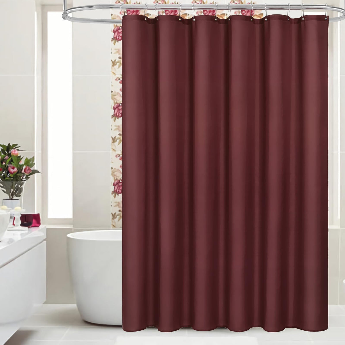 Mitovilla Burgundy Fabric Shower Curtain Liner, Dark Red Simple Shower Curtain Or Liner For Modern Neutral Hotel Bathroom Decor, Waterproof Cloth & Machine Washable, 12 Plastic Hooks, 72' W X 72' H