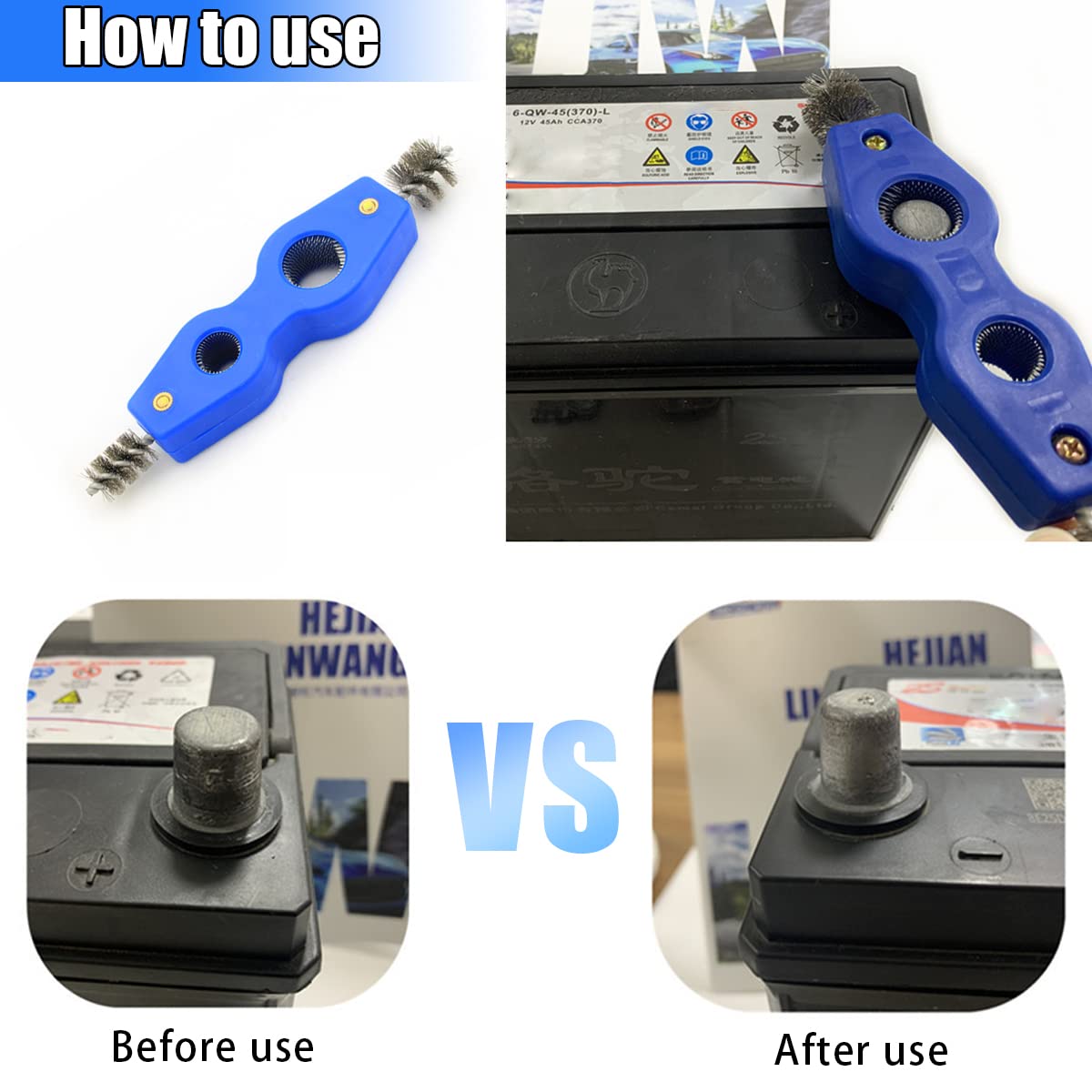 Aicel 2 Pieces Car Battery Terminal Cleaners, 4 In 1 Car Battery Cleaning Brush With Steel Wire, Anti-Corrosion Battery Terminals Machine Parts Cleaning Tools Universal For Automotive And Marine