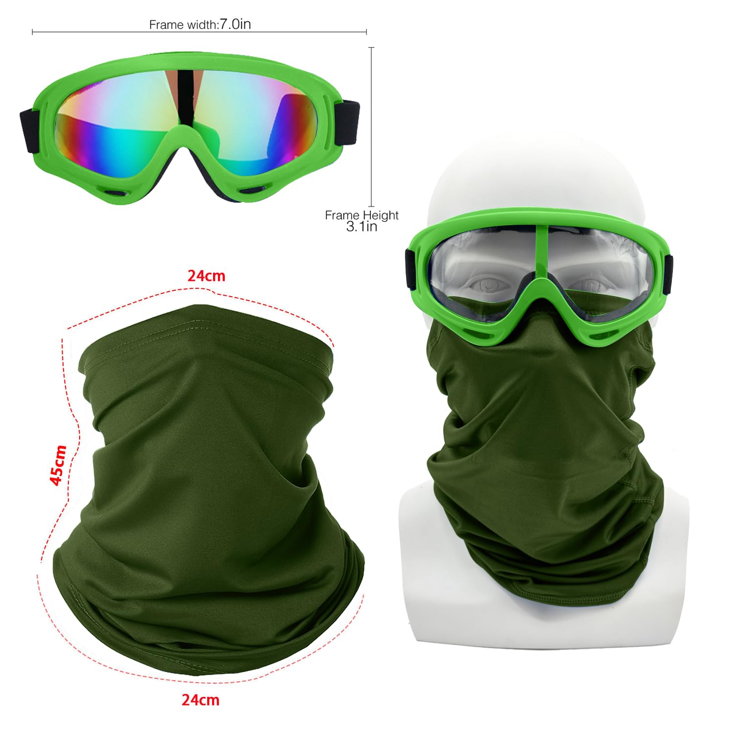 Ljdj Motorcycle Goggles,2 Pack Dirt Bike Atv Motocross Riding Hiking Protective With 2 Pack Neck Breathable Bandana Mask (Green/