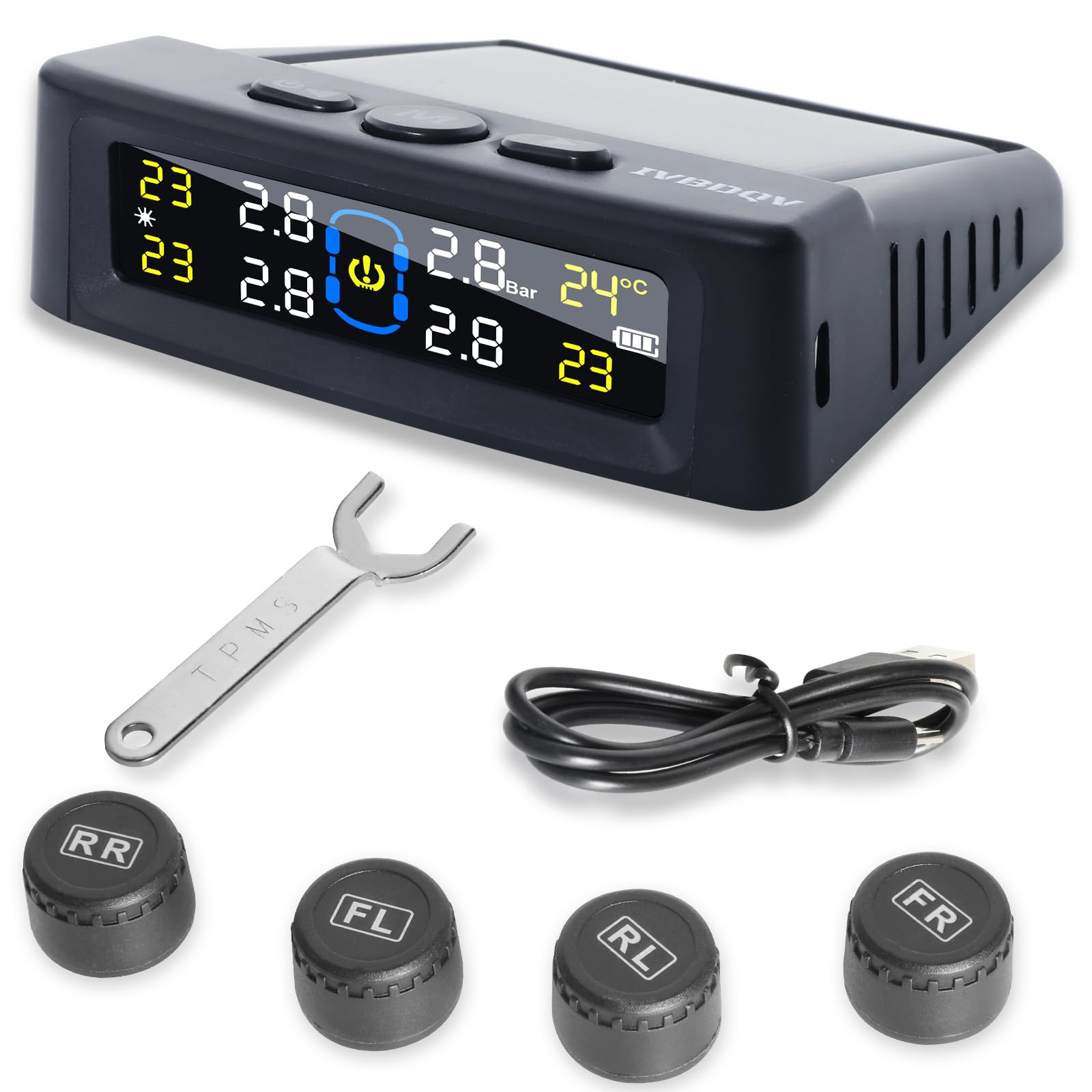 Tire Pressure Monitoring System,RV Tire Pressure Monitor System with Solar Charge or USB, Tire Monitoring System with 4 Sensors 