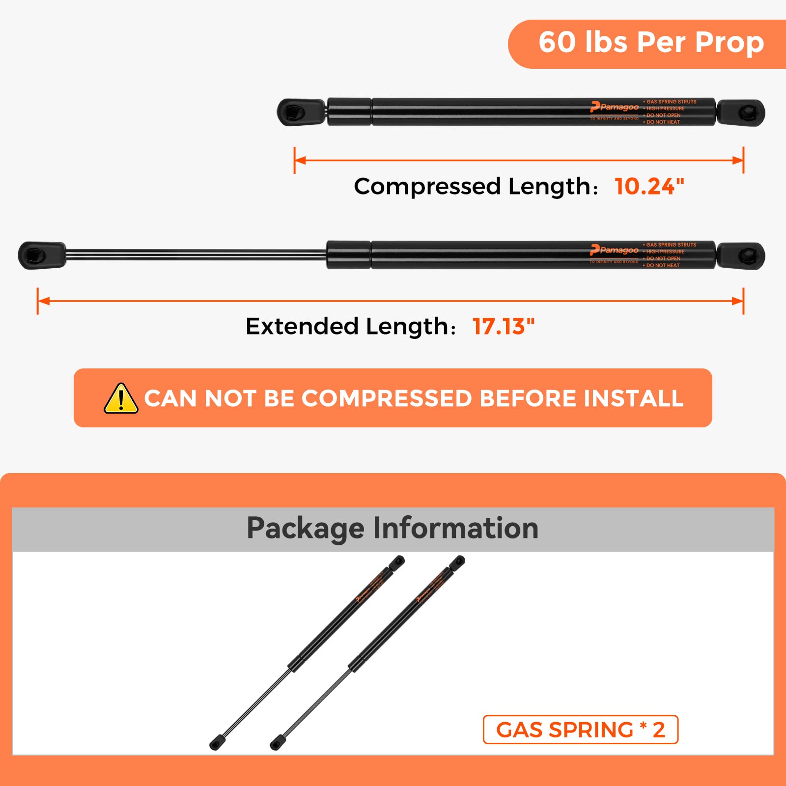 Pamagoo C16-06867 C1606867 17 Inch Gas Strut(Qty 2) 60 Lbs/267 N Per Prop, Gas Spring Shock Lift For Camper Shell Leer Are Topper Rear Window, Side Window, Pickup Truck Cab Canopy Door