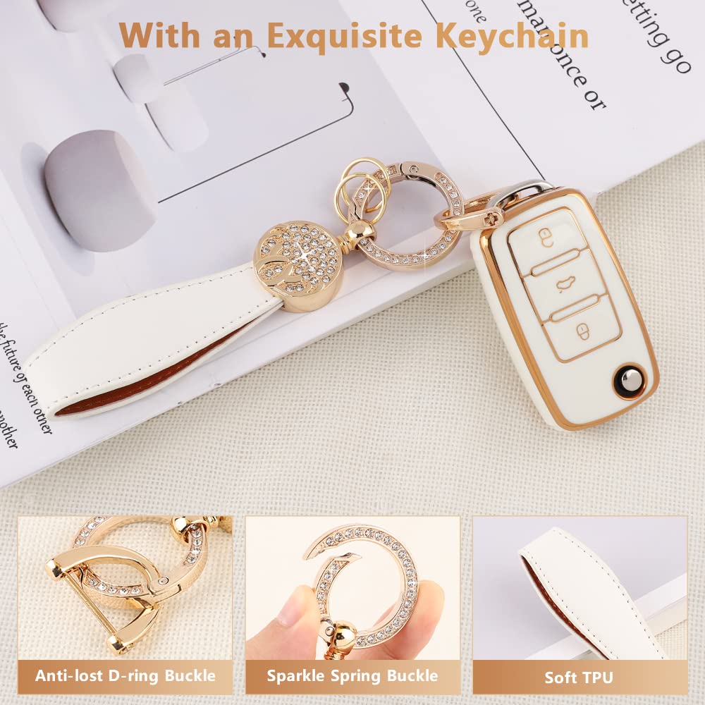 Pifoog Key Fob Cover For Vw Volkswagen White Gold Keys Case Shell Protecor Tpu Keychain Fit Volkswagen Passat Beetle Golf Gti Jetta Tiguan Accessories Girly Cute
