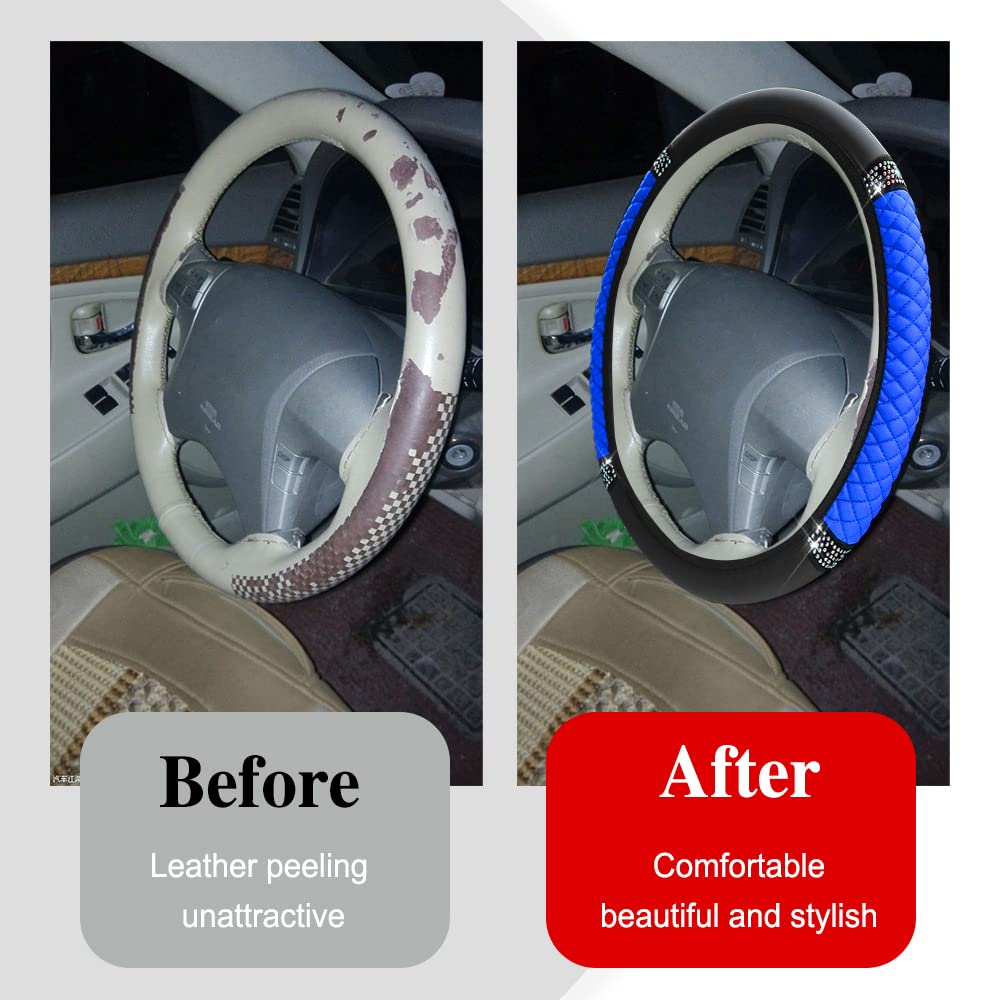 Bling Soft Leather Steering Wheel Cover, Anti-Slip Car Steering Wheel Protector, 15 Inch Rhinestones Soft Leather Elastic Steeri