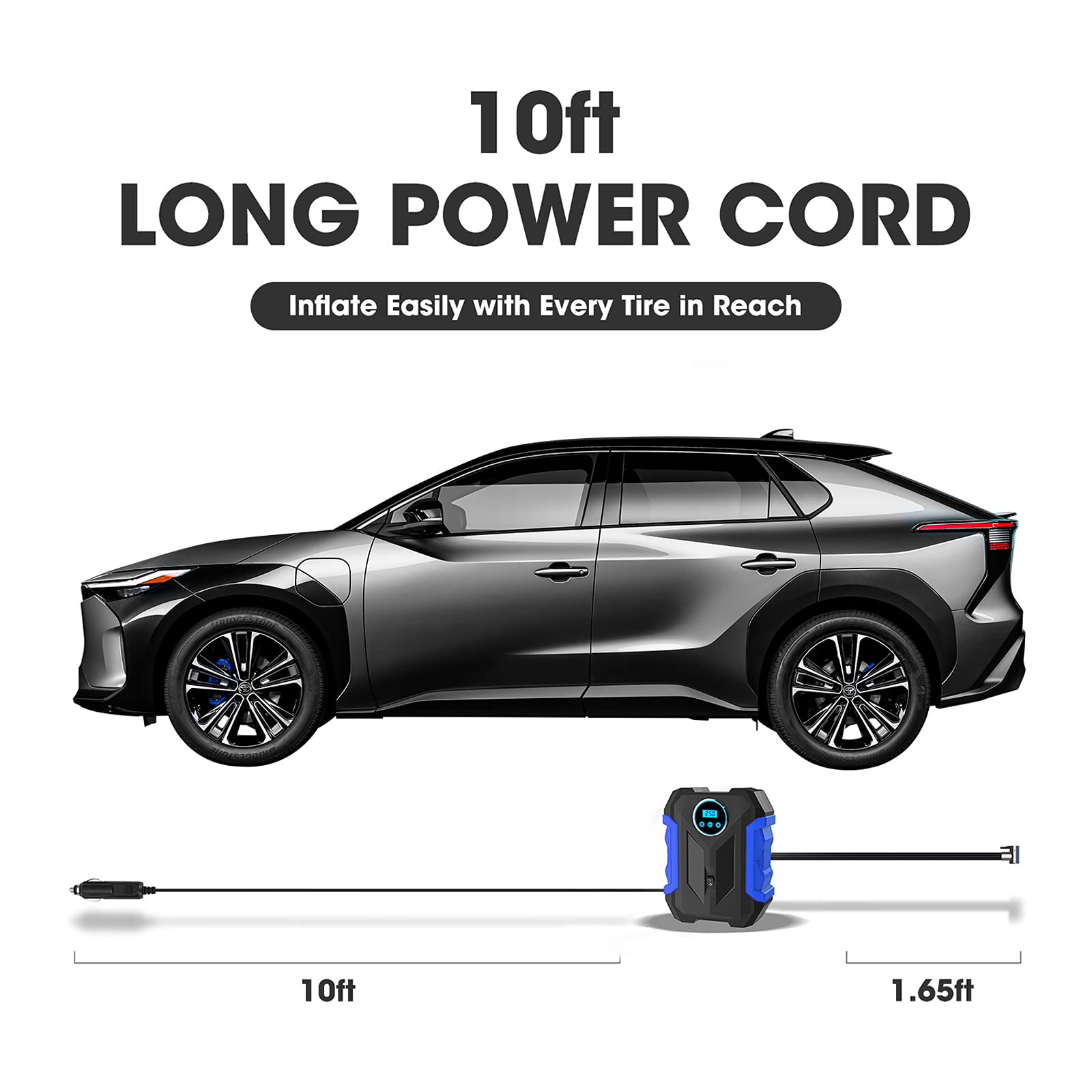 Digital Air Compressor For Car Auto Pump Portable Tire Inflator With Led Light Dc 12V, Blue