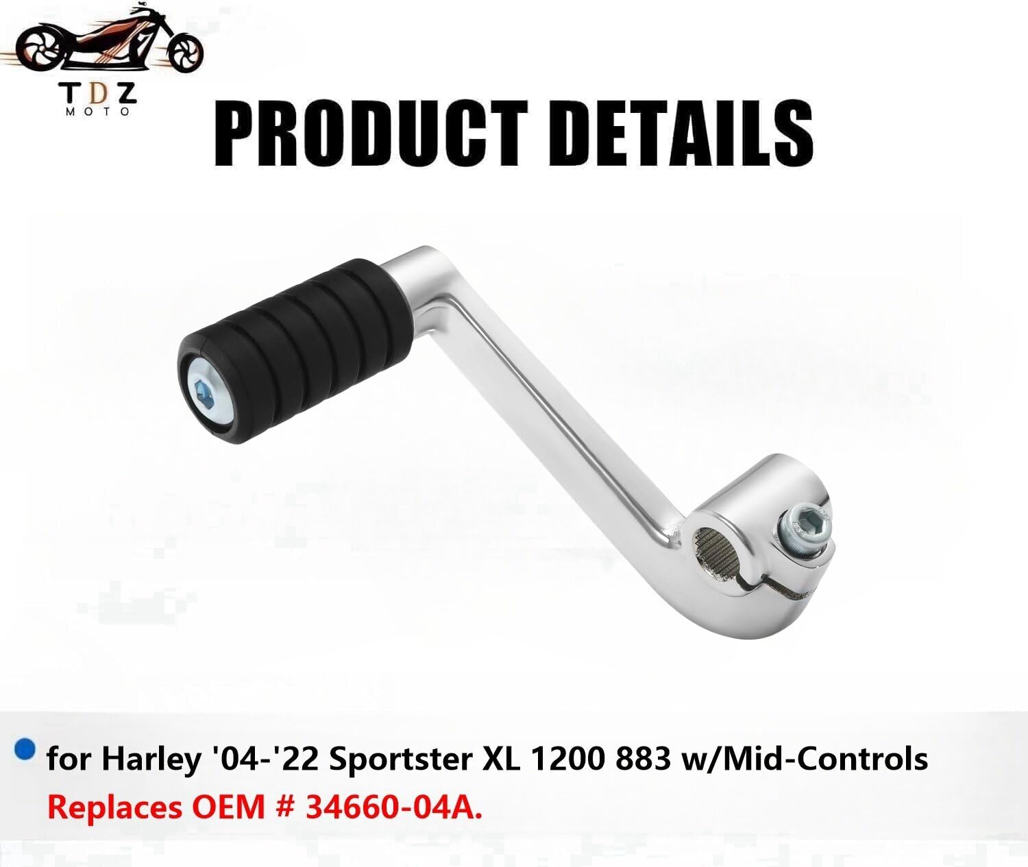 TDZ 1Pc Chrome Shift Lever + Shifter peg for Harley '04-'22 Sportster XL 1200 883 w/Mid-Controls,Replaces OEM # 34660-04A