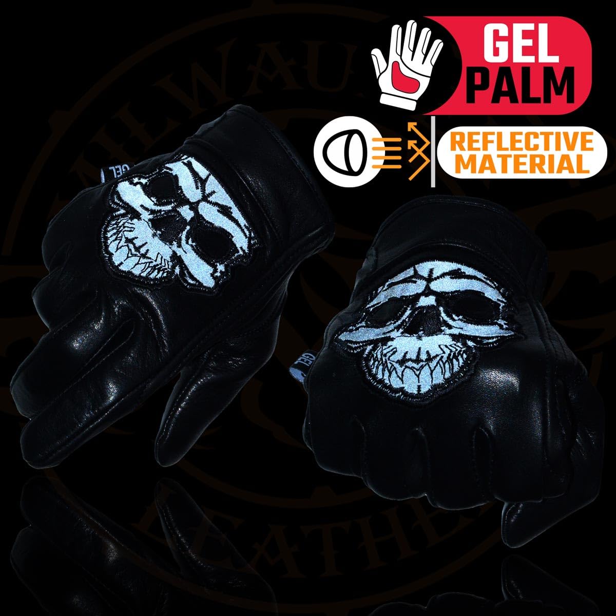 Milwaukee Leather Men'S Black Leather Reflective Skull Motorcycle Hand Gloves W/Gel Padded Palm Mg7570 - X-Large