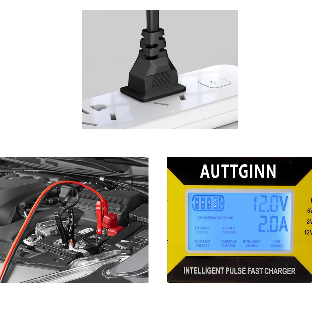 Auttginn 6/8/12/14/16/24V Battery Charger 0-10Amp Smart Adjustable Car Battery Charger With Upgraded Cable Clamps, Smart Trickle Charger,Battery Maintainer For Golf Cart,Automotive,Car,Rv,8 Volt