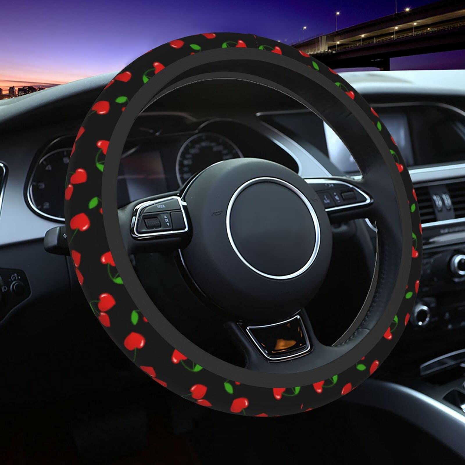 Red Hearts Cherry Steering Wheel Covers Non Slip Neoprene Steering Wheel Protector Universal 15 Inch For Men Women Car Trucks