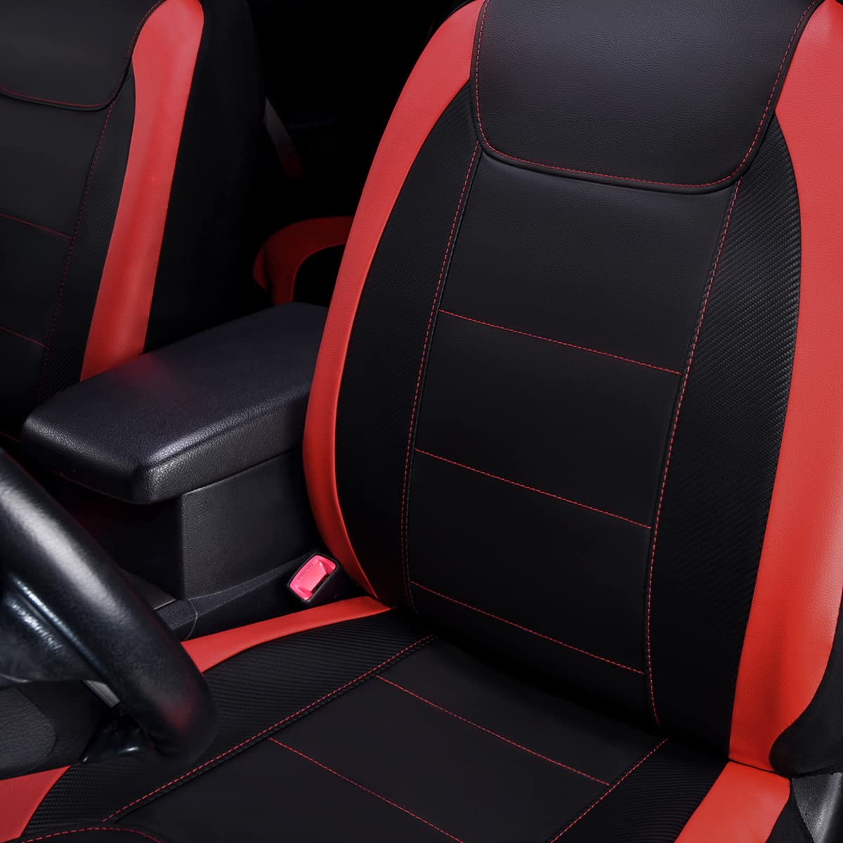 Flying Banner Car Seat Covers Protects Water Proof Faux Leather Carbon Fiber Front And Rear Bench (Red Black, Full Set - 9Pcs)