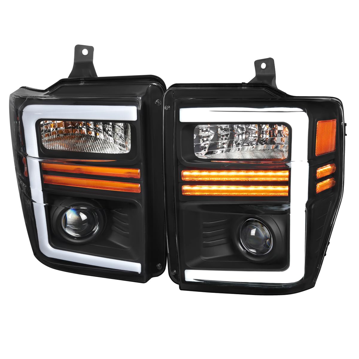 Spec-D Tuning Black Projector Headlights with Sequential LED Turn Signal Light Strips Compatible with 2008-2010 Ford F-250, F-35