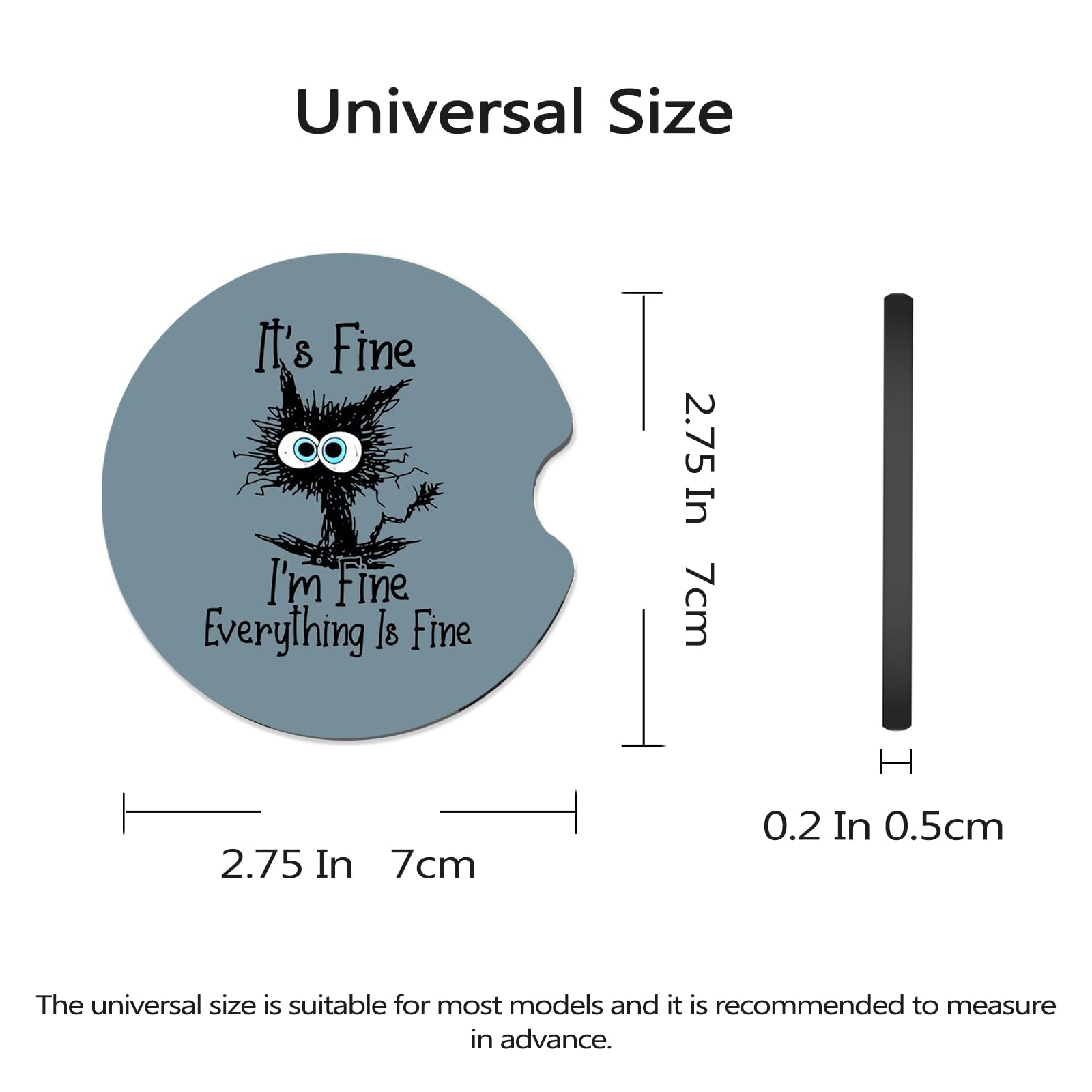 FJyuanqi Car Coasters for Cup Holders, 2 Pack Anti Slip Universal Rubber Coasters - I'm Fine Funny Cat