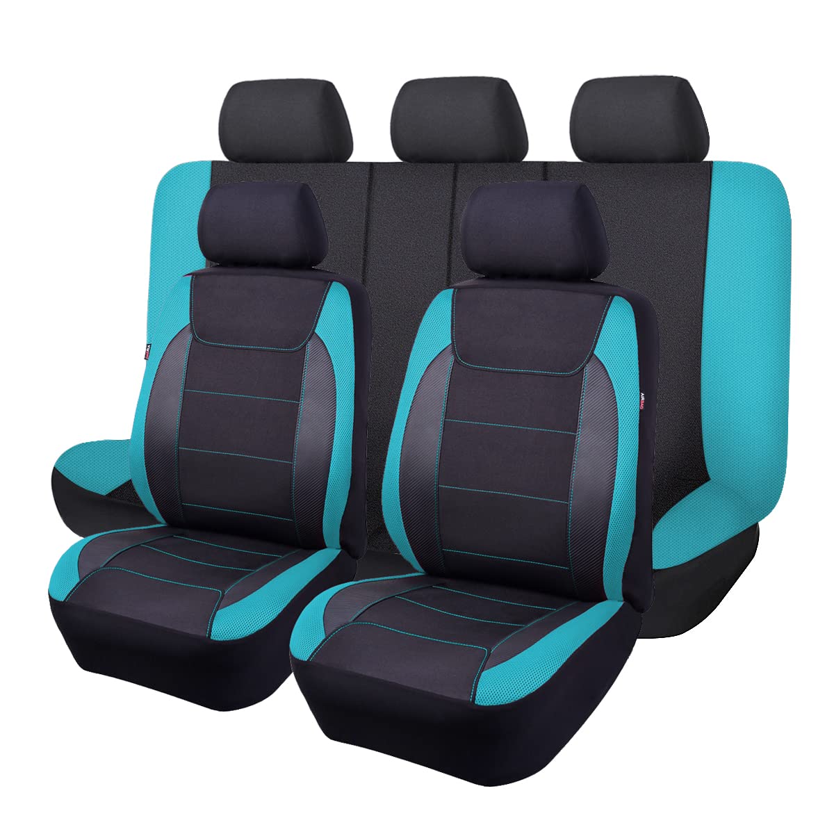 Flying Banner Car Seat Covers Quality Carbon Fiber Air Mesh Fabric Sport Low High Back Bucket Back Pocket Arm Rest (Full Set - Low Bucket, Mint Blue)