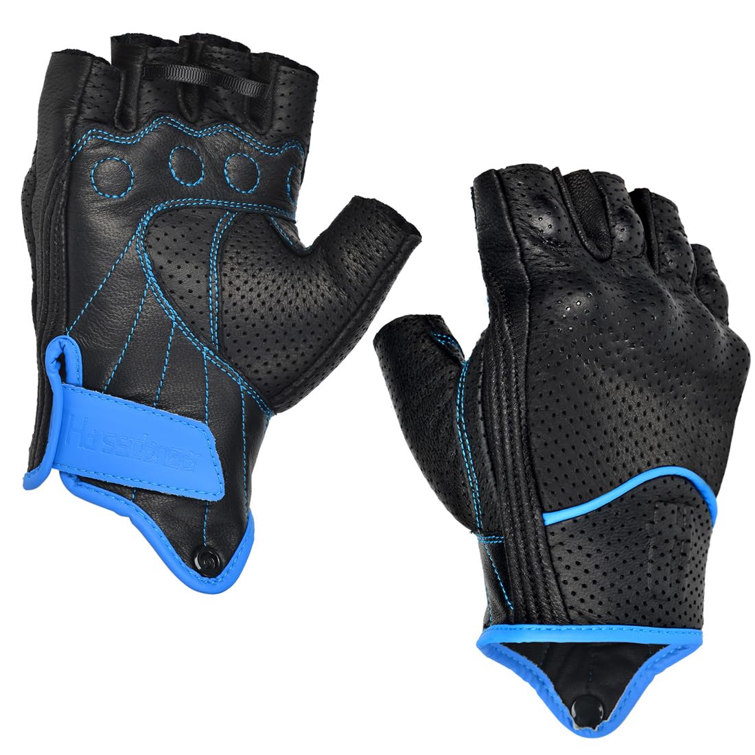 Harssidanzar Men's Motorcycle Gloves Leather Perforated Motorbike Riding Driving Gloves CM044US, Black/Blue, Size Large