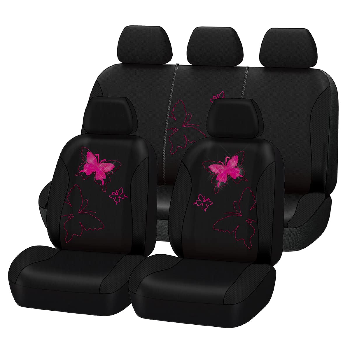 Flying Banner Butterfly Car Seat Covers Ful Set Fashion Universal Lady Woman Female Rear Bench Split Colorized (Black Rose Red,