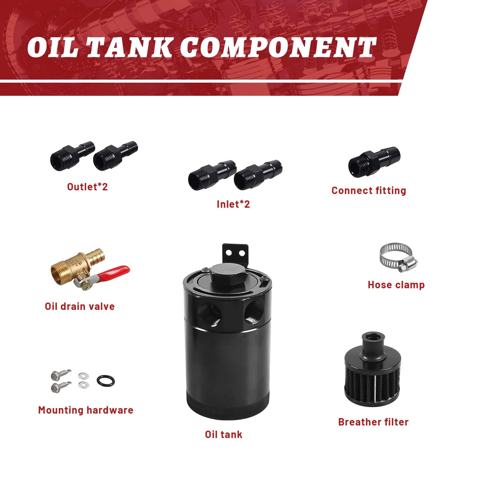 Universal Baffled Oil Catch Can With Breather Filter And Drain Valve 2 Ports (Oulet + Inlet),150Ml Billet Aluminum Oil Separator Catch Can Oil Reservoir Tank,4 Adapters/Screws/Washers Included,Black