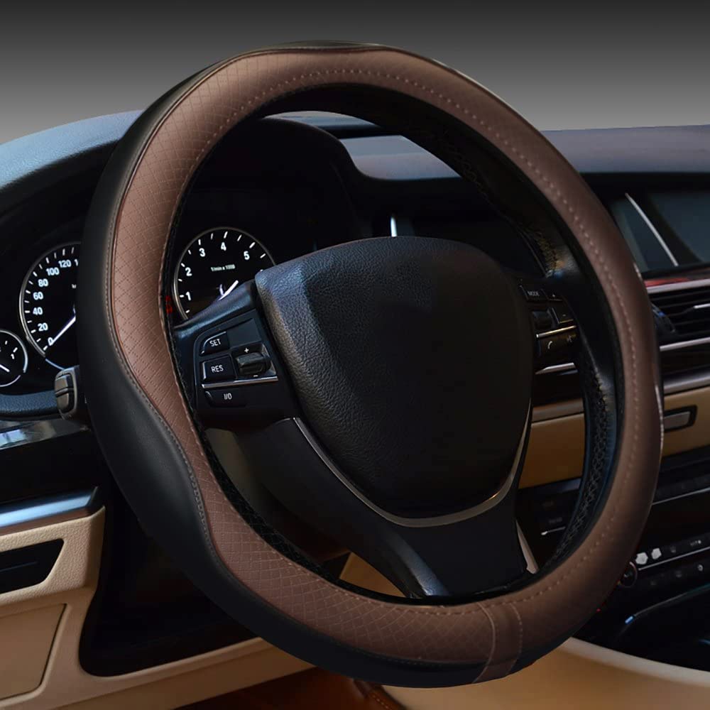 Car Steering Wheel Cover, Anti-Slip, Safety, Soft, Breathable, Heavy Duty, Thick, Full Surround, Sports Style (Black Brown)