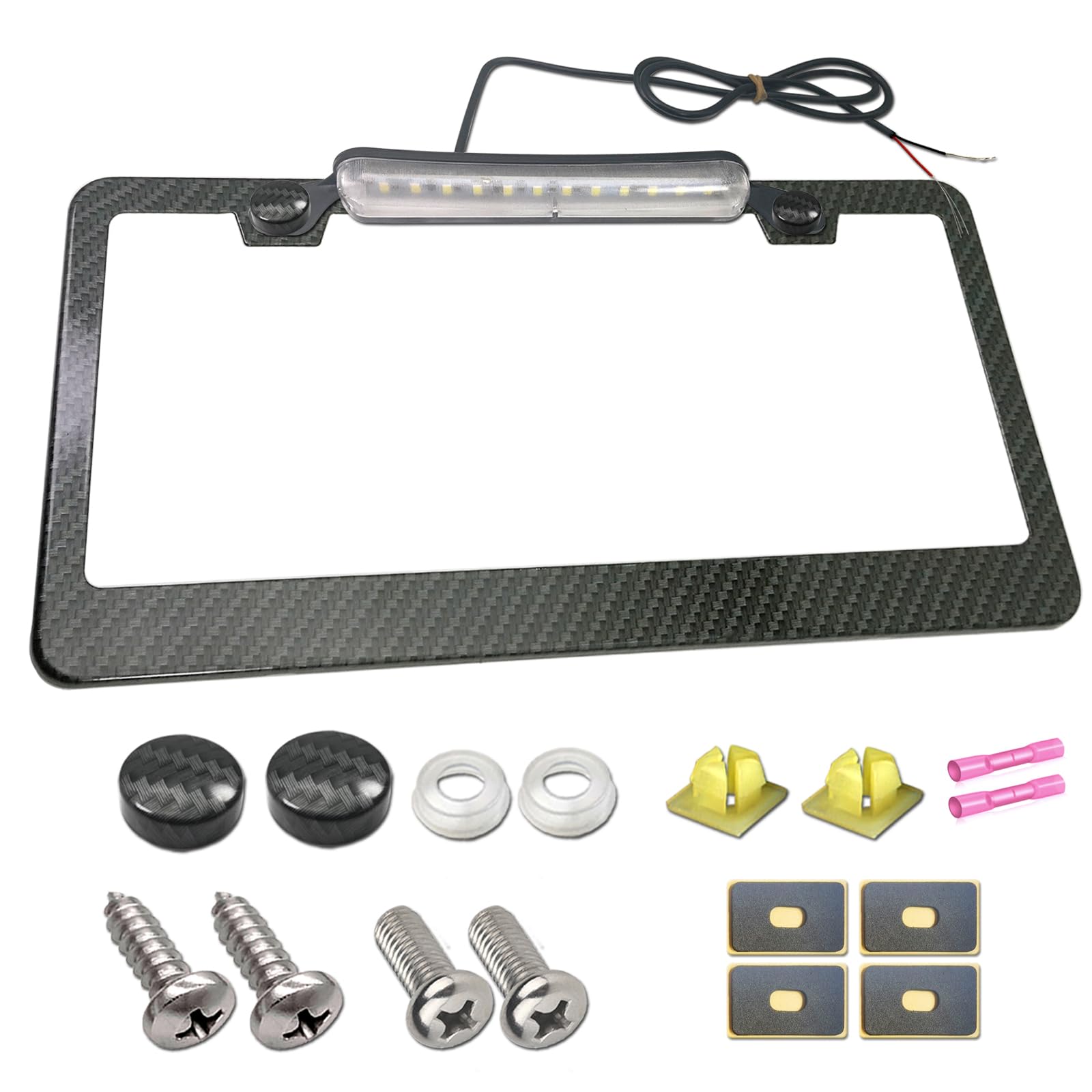 Aootf License Plate Frame With Light Bar Assembly- License Plate Light Lamp Bulbs & Aluminium Carbon Fiber Car Tag Holder Mount