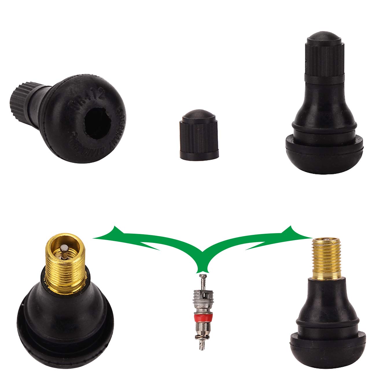 Febrytold Tire Valve Stem Tool Remover & Installation, 6 Pcs Tr412 Snap-In Valve Stems With Valve Stem Cores, 1 Pcs Single Head