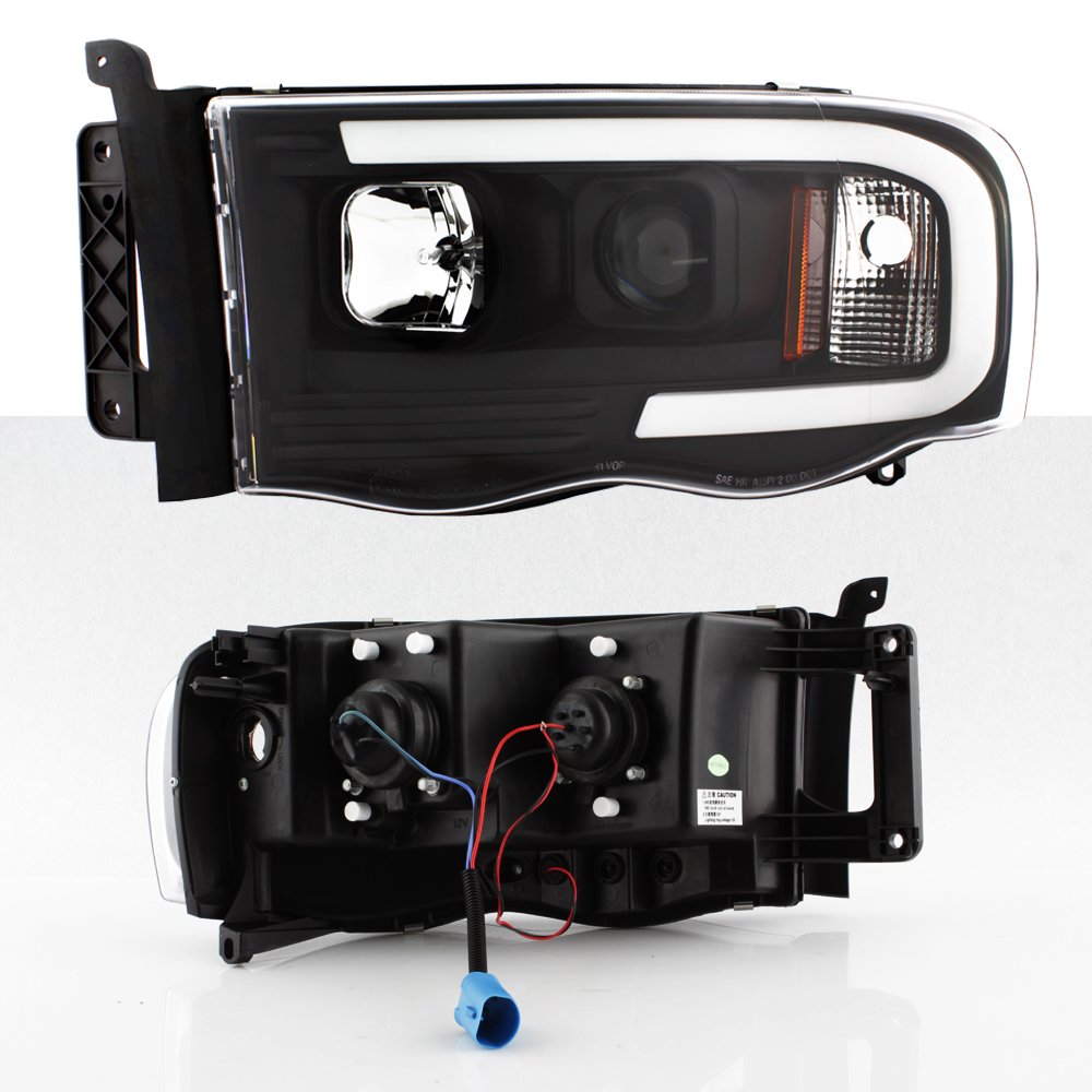 AKKON Black LED Tube Projector Headlights for 2002-2005 Dodge Ram 1500/2500/3500 – Left & Right Pair, Low Beam Halogen