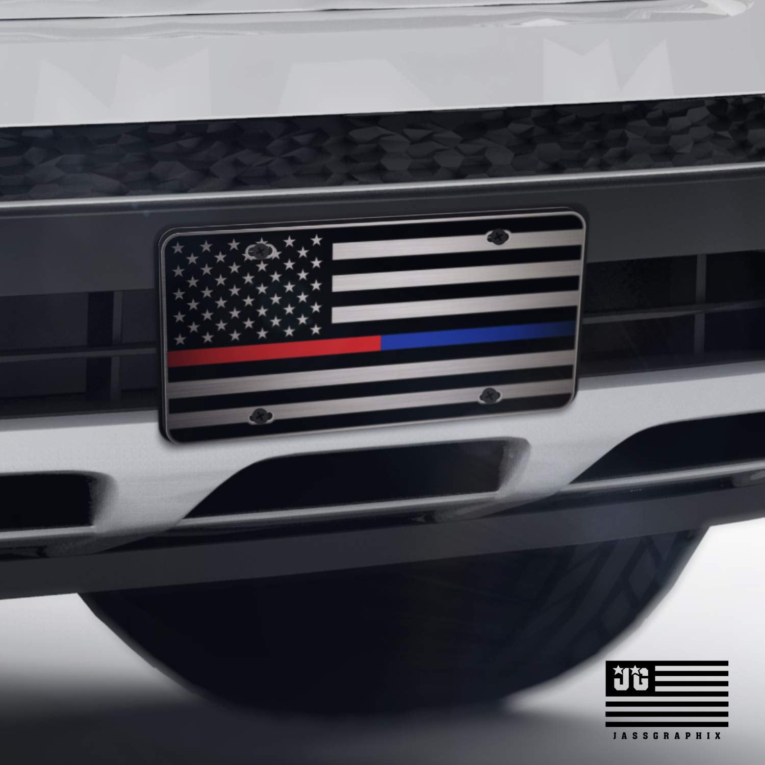 Jass Graphix Thin Blue Line Thin Red Line American Flag License Plate Matte Black On 1/8'' Brushed Aluminum Composite Heavy Duty