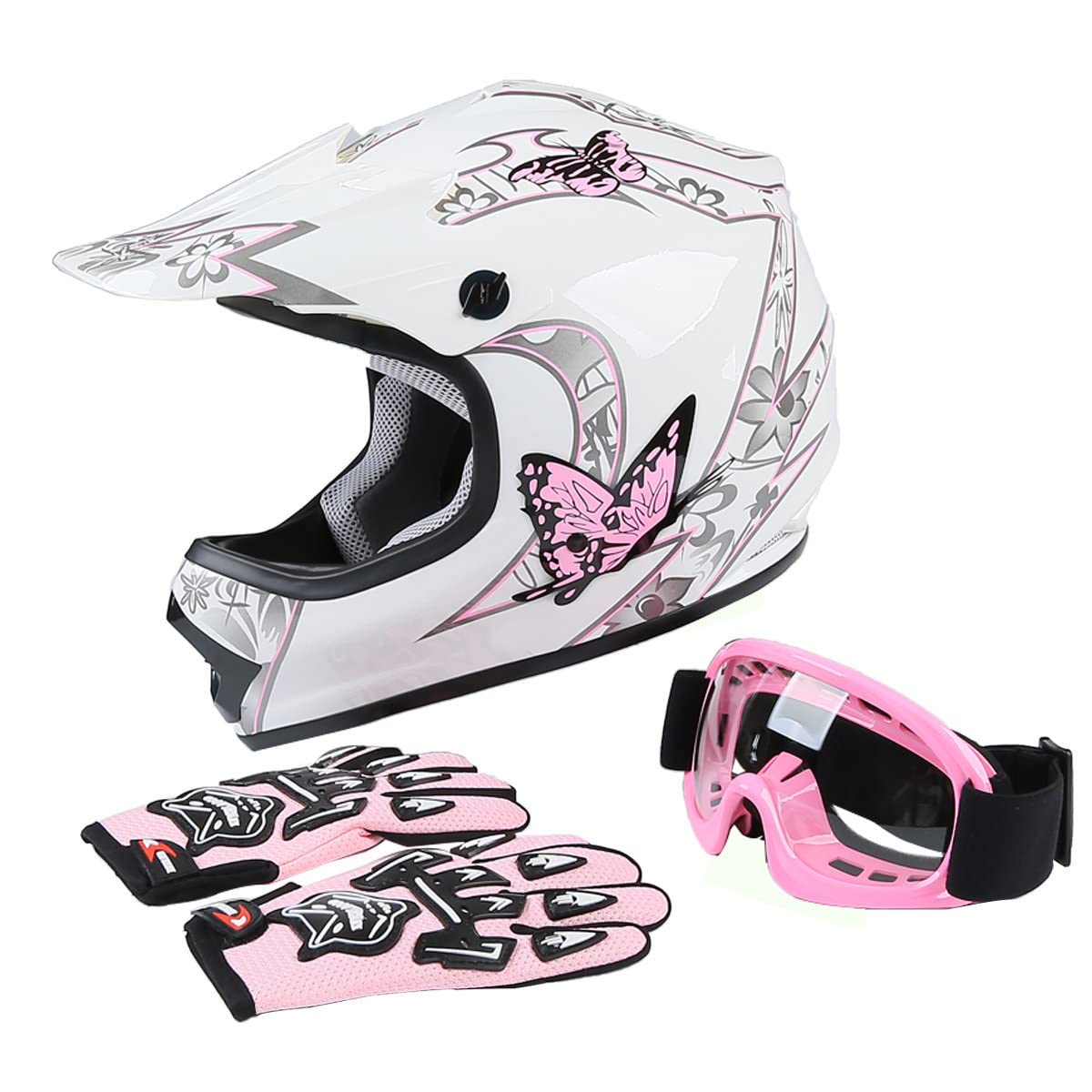 DOT Youth Kids Motocross Offroad Street Dirt Bike Helmet Youth Motorcycle ATV Helmet with Goggles Gloves Pink Butterfly M