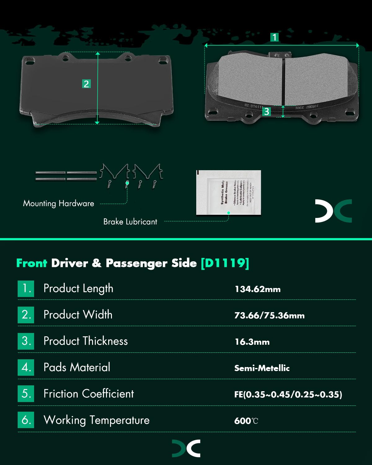 Scitoo D1119 Front Semi-Metal Brake Pads Sets Fit For Hummer H3 2006 2007 2008 2009 2010,For Hummer H3T 2009 2010