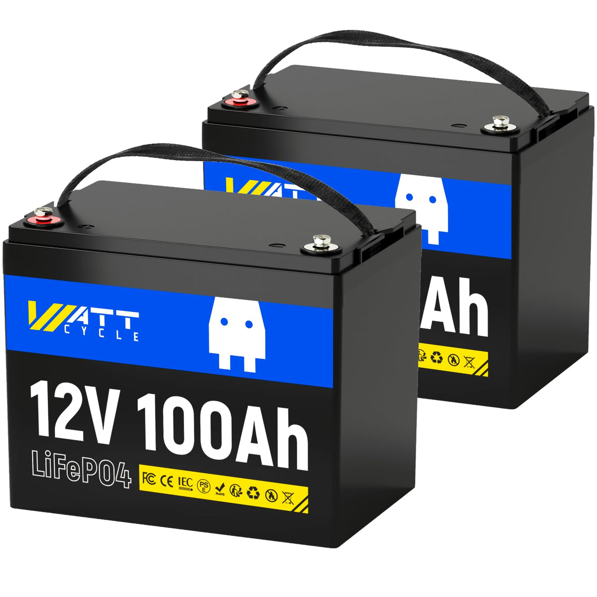 WattCycle 12V 100Ah LiFePO4 Lithium Battery 2 Pack - BCI Group 24, 15000 Cycles, Built-in 100A BMS, Low-Temperature Protection -