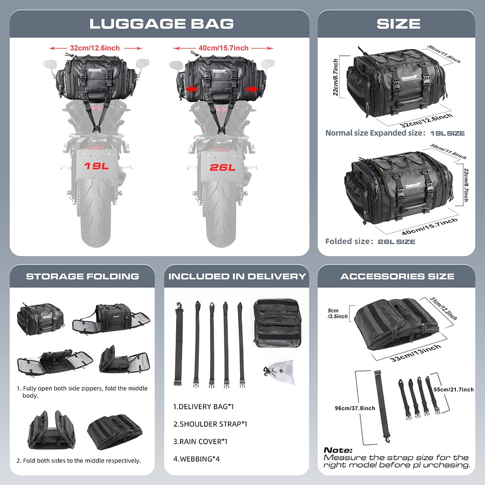 Rhinowalk Motorcycle Tail Bag Expandable Motorcycle Travel Luggage 26L Waterproof All Weather/Trunk/Rack Bag With Sissy Bar Stra