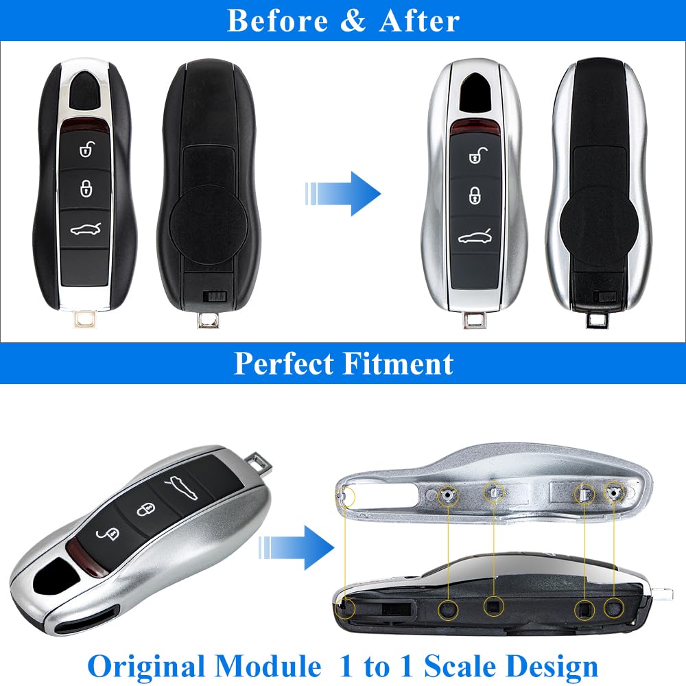 Aerobon 3-Piece Painted Key Cover Key Fob Shell Compatible With Porsche Key Shell Replacement (Mk1, Silver)
