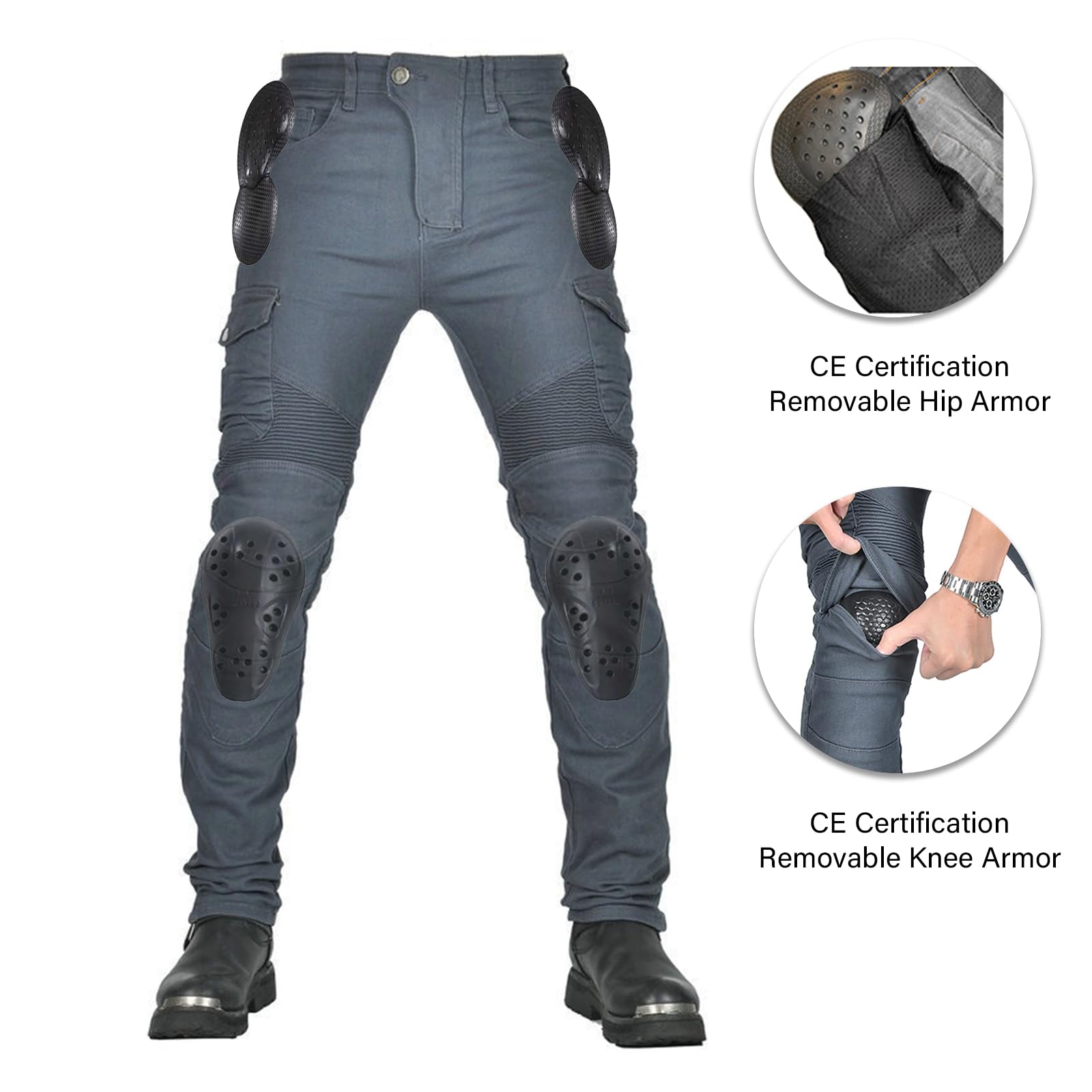 LOMENG Motorcycle Pants Motorbike Riding Denim Jeans Biker Motocross Pants with CE Removable Armored for Men Grey S