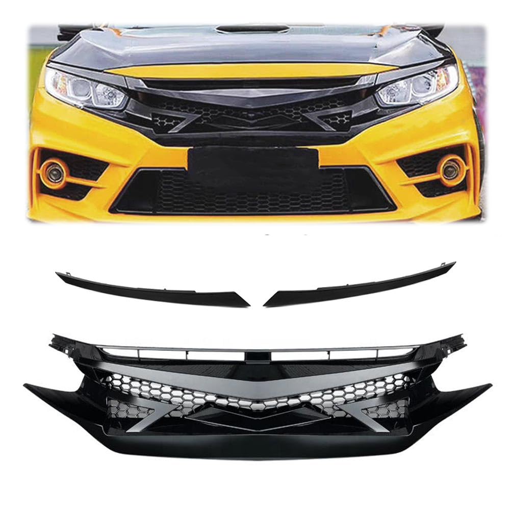 G-PLUS Compatible with Honda Civic Sedan Coupe 2016-2018 Mesh Grille Front Bumper JDM Battle Style Hood Grills + 2 PCS Eyebrows 