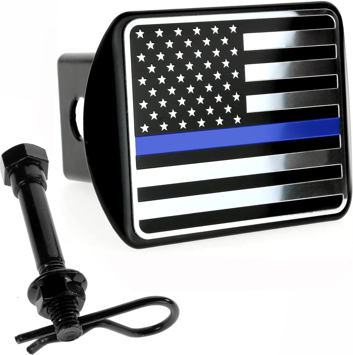 Everhitch Usa American Flag Metal Hitch Cover (Fits 2'' Receivers, Black & Chrome With Thin Blue Line)