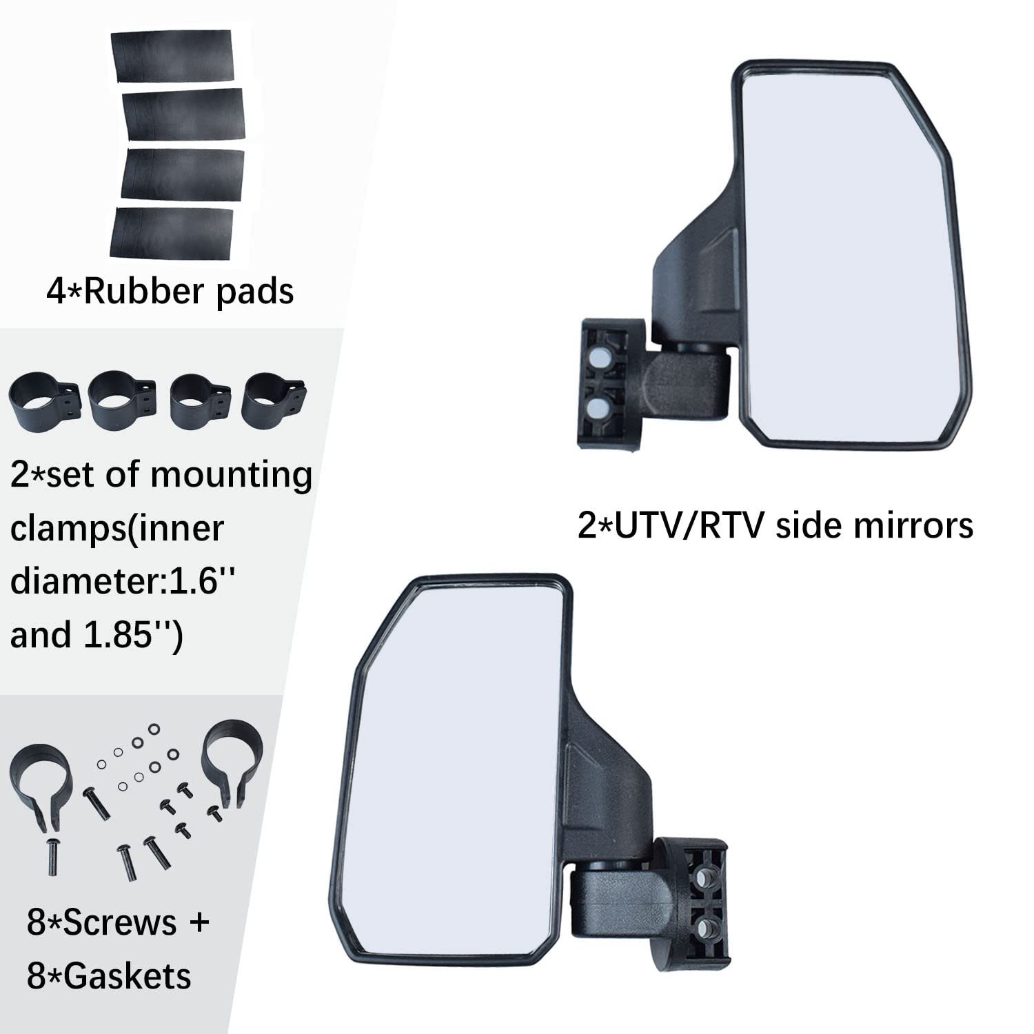 Universal Offroad Utv Rear View Side Mirror For Pioneer Polaris 900 1000 Kawasaki Can Am John Deere With 1.6' - 2' Roll Cage Bar Break Away Adjustable Arm - 1 Pair Set (Left & Right)