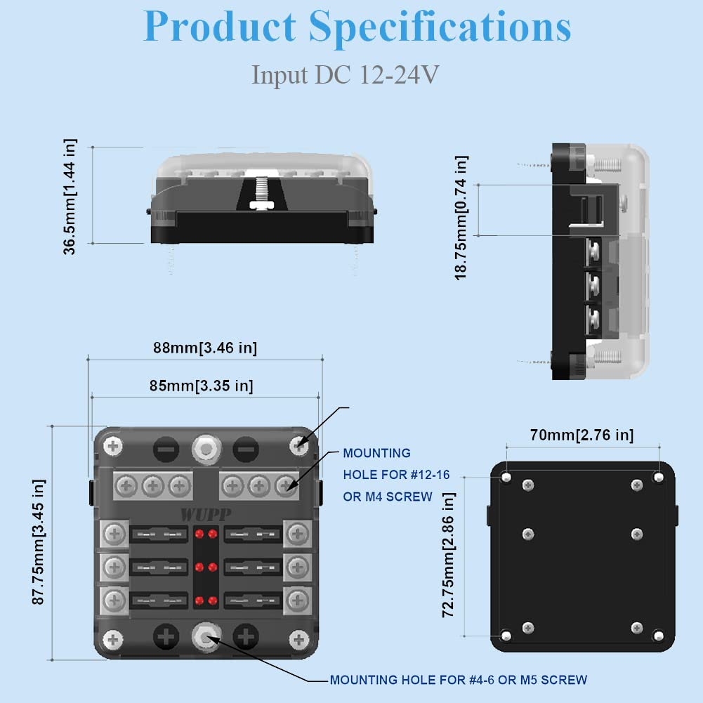 WUPP Waterproof 12 Volt Fuse Block Panel - 6 Circuits, LED Indicator, Nickel-Plated Copper, Model CS-664A1, Screw Terminal