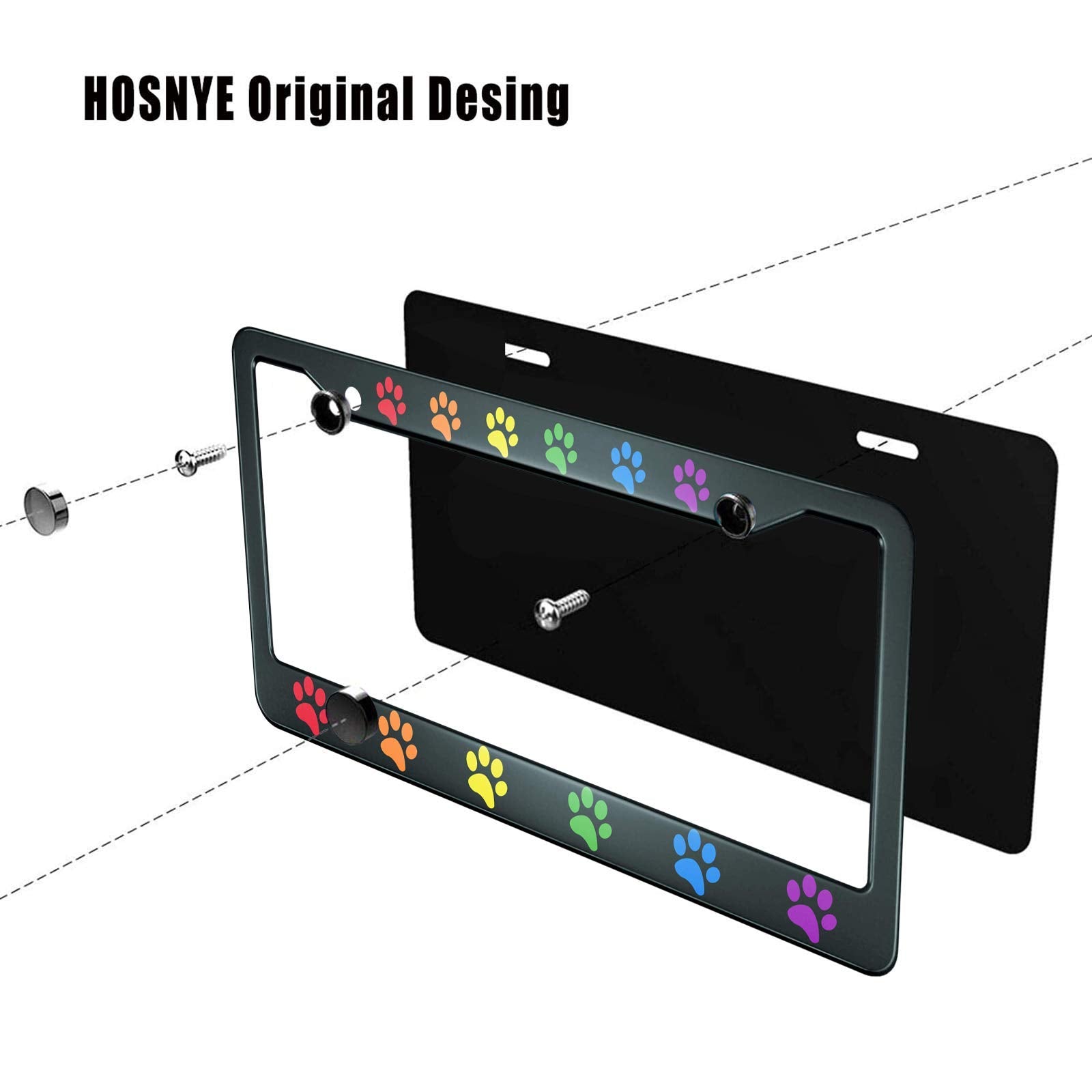 HOSNYE Dog Paw Print License Plate Frame Rainbow Gradient Metal License Plate Cover Front Plates Frames Car Tag Frame for Women