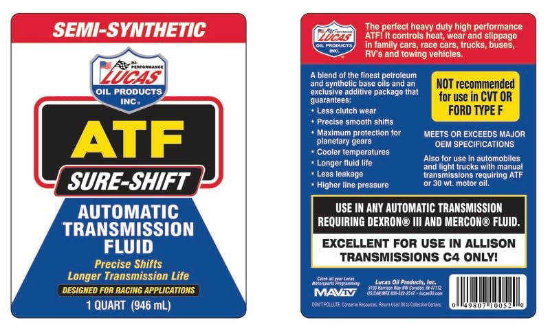 Lucas Oil 10052 Semi-Synthetic Sure-Shift Automatic Transmission Fluid - 1 Quart