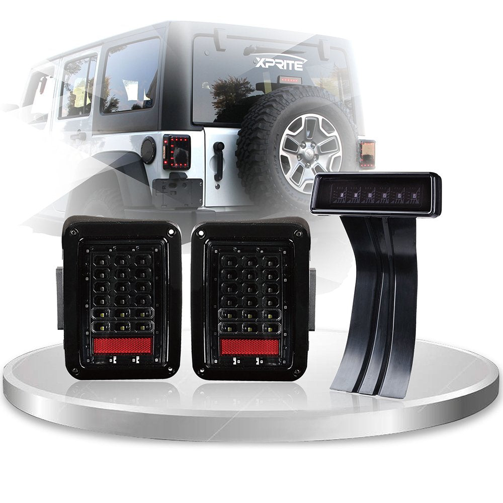 Xprite Clear Lens Red Led Tail Light W/Turn Signal & Back Up & Smoke 3Rd Led Brake Light Assembly Compatible With Jeep Wrangler