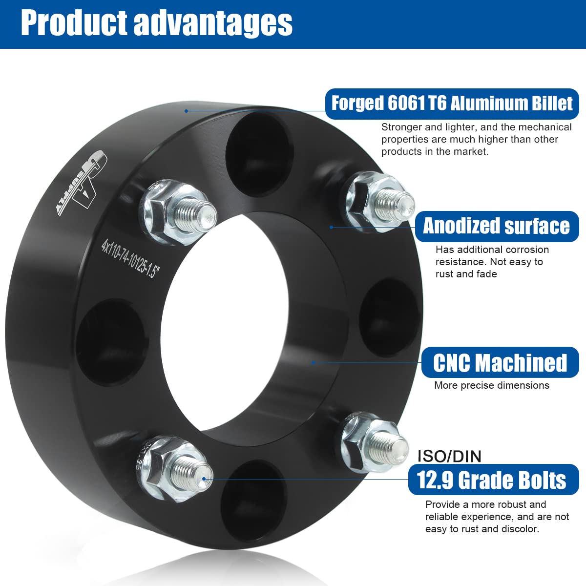 GAsupply 1.5    ATV 4x110 Wheel Spacers Black Compatible with Honda, Suzuki, Bombardier, 38mm Wheel Spacer Adapters 74mm Hub Bor