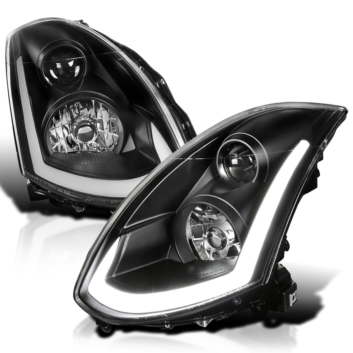 Spec-D Tuning Led Strip Projector Headlights Black Compatible With 2003-2007 Infiniti G35 Coupe, Left + Right Pair Headlamps Assembly
