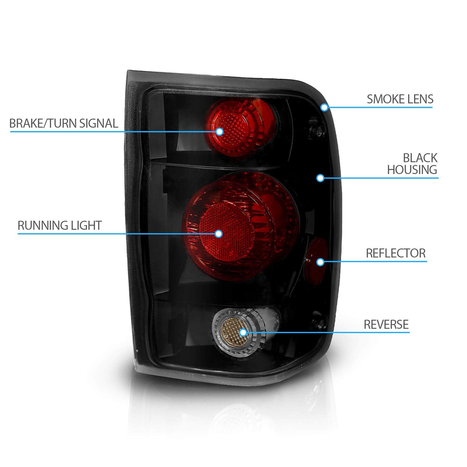 Amerilite Black/Smoke Replacement Brake Tail Lights Set For 98-00 Ford Ranger Only - Passenger And Driver Side